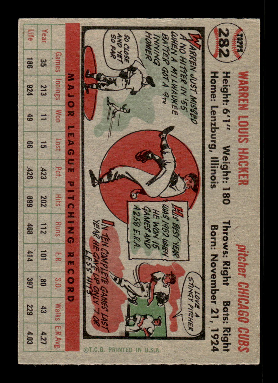 1956 Topps #282 Warren Hacker - Chicago Cubs VG