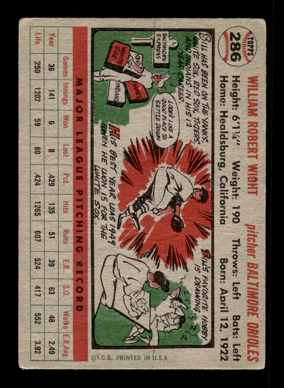 1956 Topps #286 Bill Wight - Baltimore Orioles VG