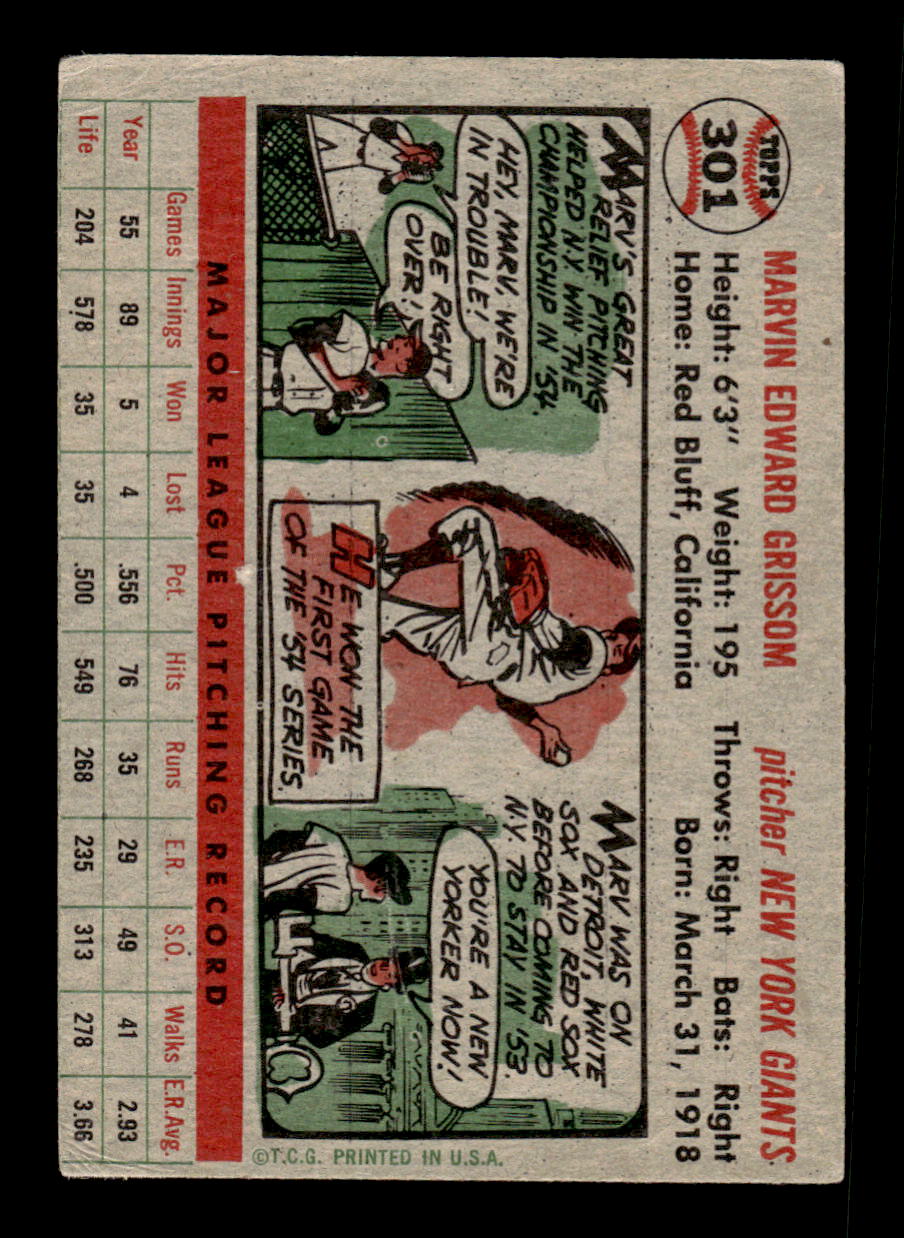1956 Topps #301 Marv Grissom - New York Giants VGEX