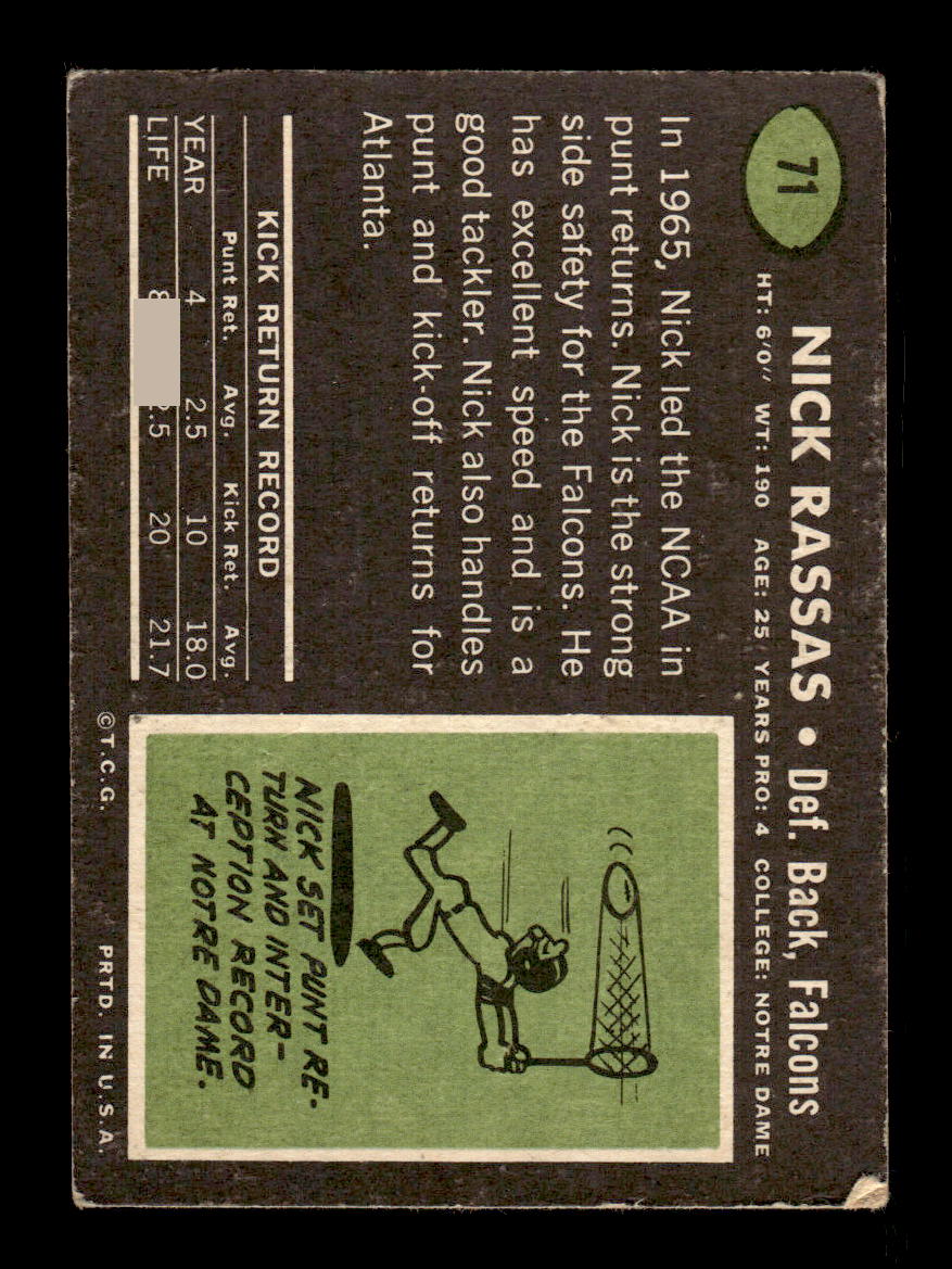 1969 Topps #71 Nick Rassas ---- Scratch and Dent Bin Card