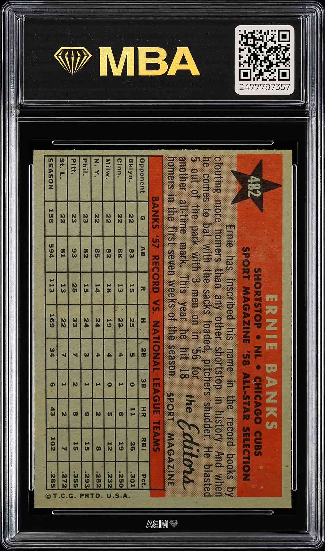 1958 Topps #482 Ernie Banks MBA 5 SN 2477787357