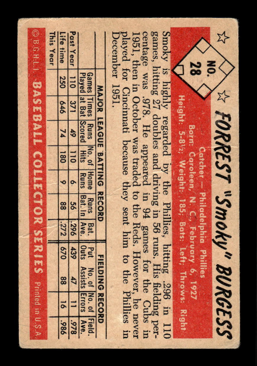 1953 Bowman Color #28 Forrest "Smoky" Burgess Poor HOF-10001465