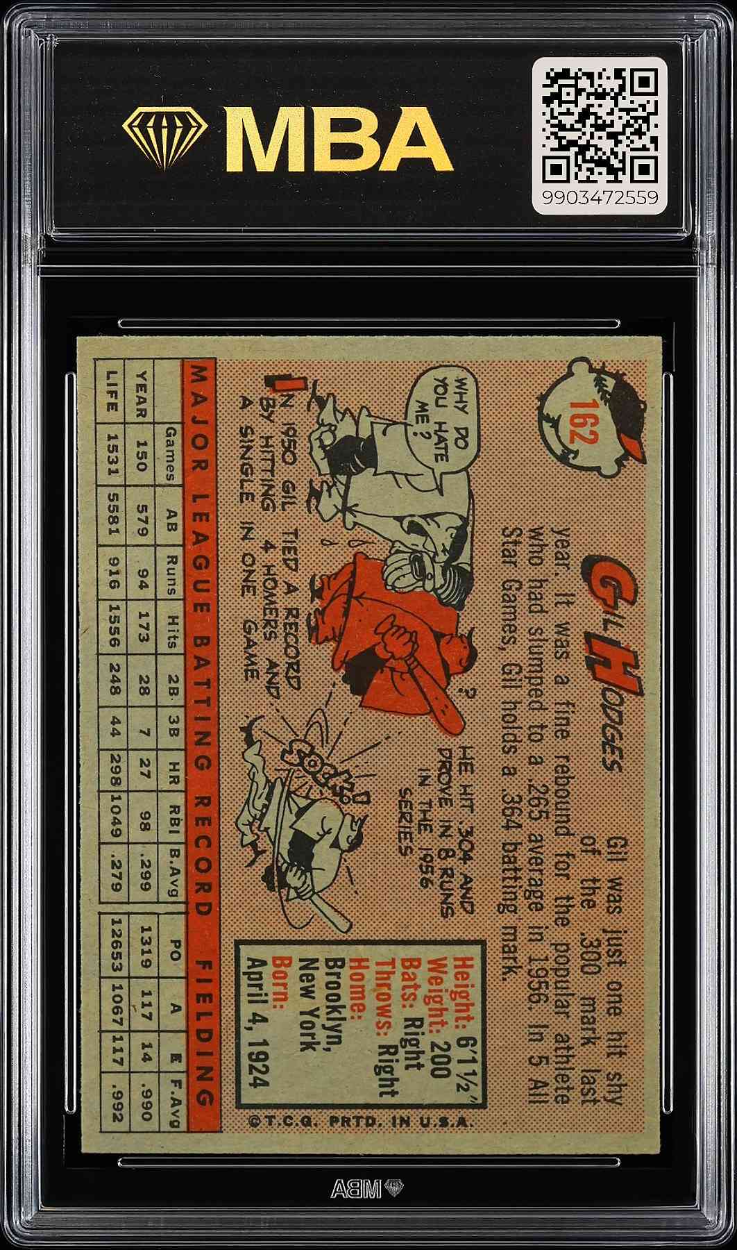 1958 Topps #162 Gil Hodges MBA 4 SN 9903472559