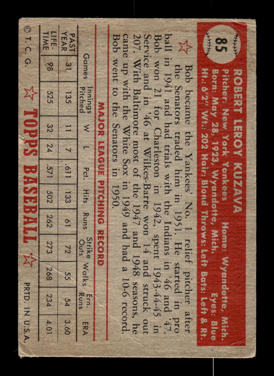 1952 Topps #85 Bob Kuzava New York Yankees LOW GRADE CS26014760