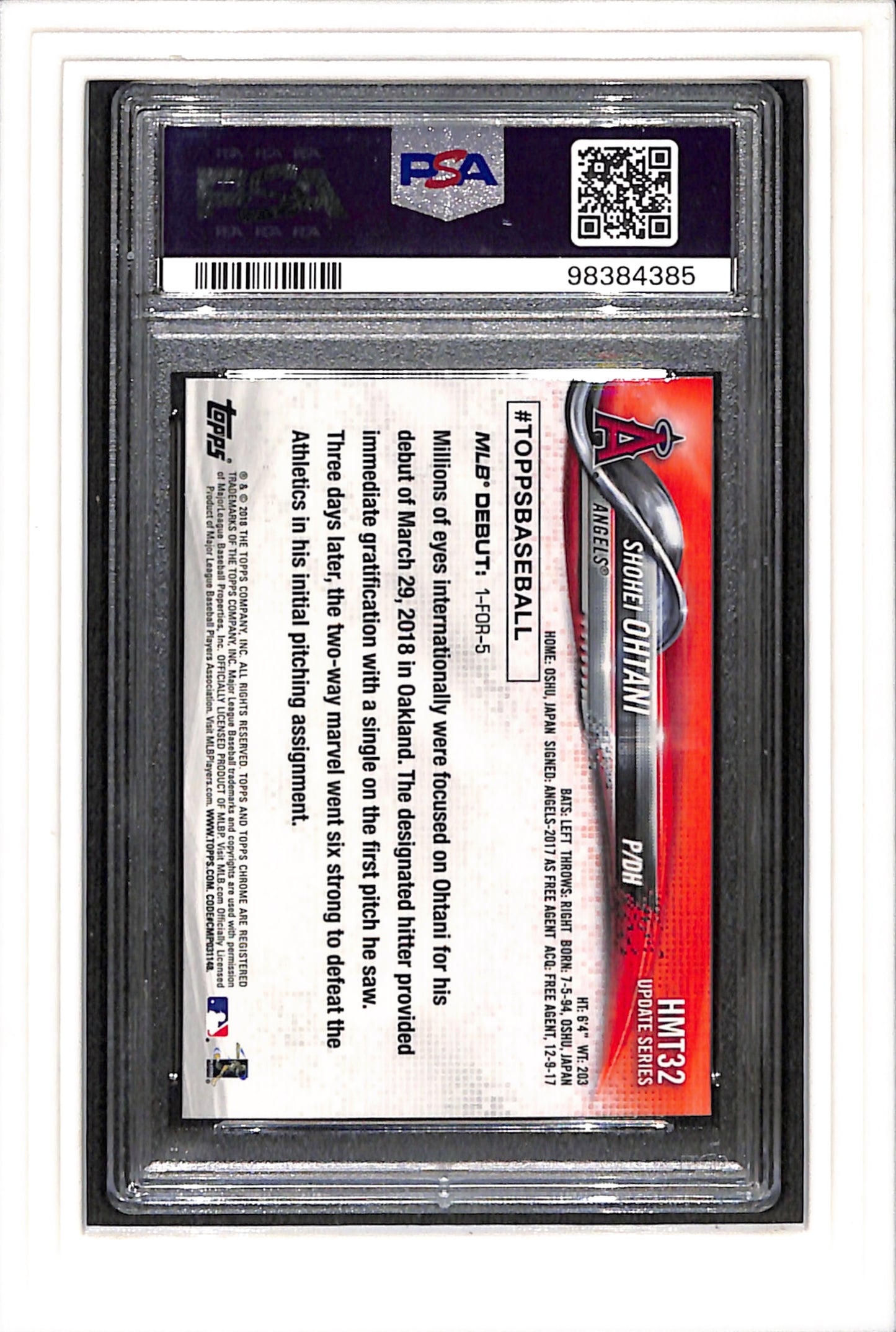 2018 Topps Chrome Update #HMT32 SHOHEI OHTANI RC Rookie Debut PSA 10 GEM MINT